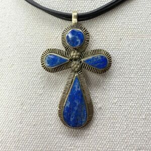 Lapis Lazuli Cross Pendant Necklace Brass Leather Cord Bohemian Jewelry